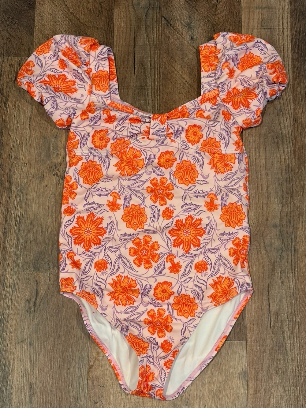 Janie and Jack Pink Floral Puff Sleeve One-Piece Swimsuit with Orange Flowers